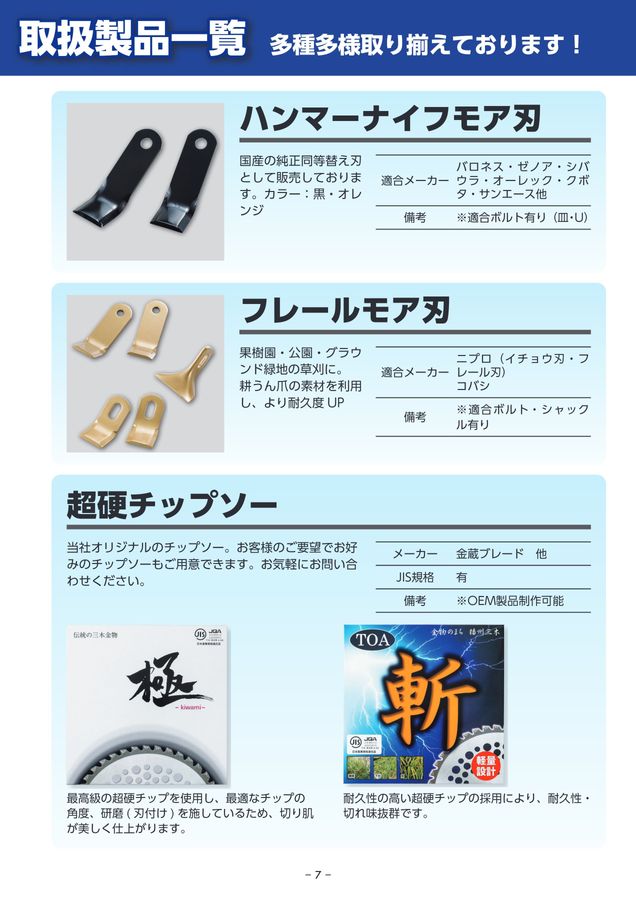 東亜重工株式会社 耕うん爪セット明細小売価格表2024-2025
